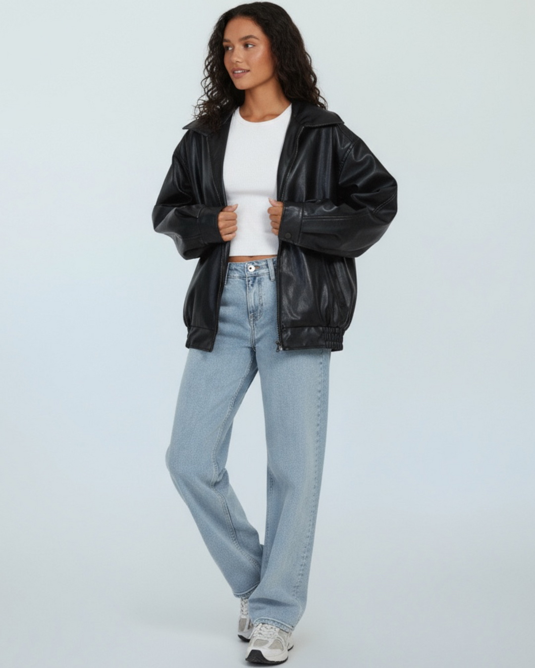 Jada - Women's Oversized Leather Zip Jacket With Collar