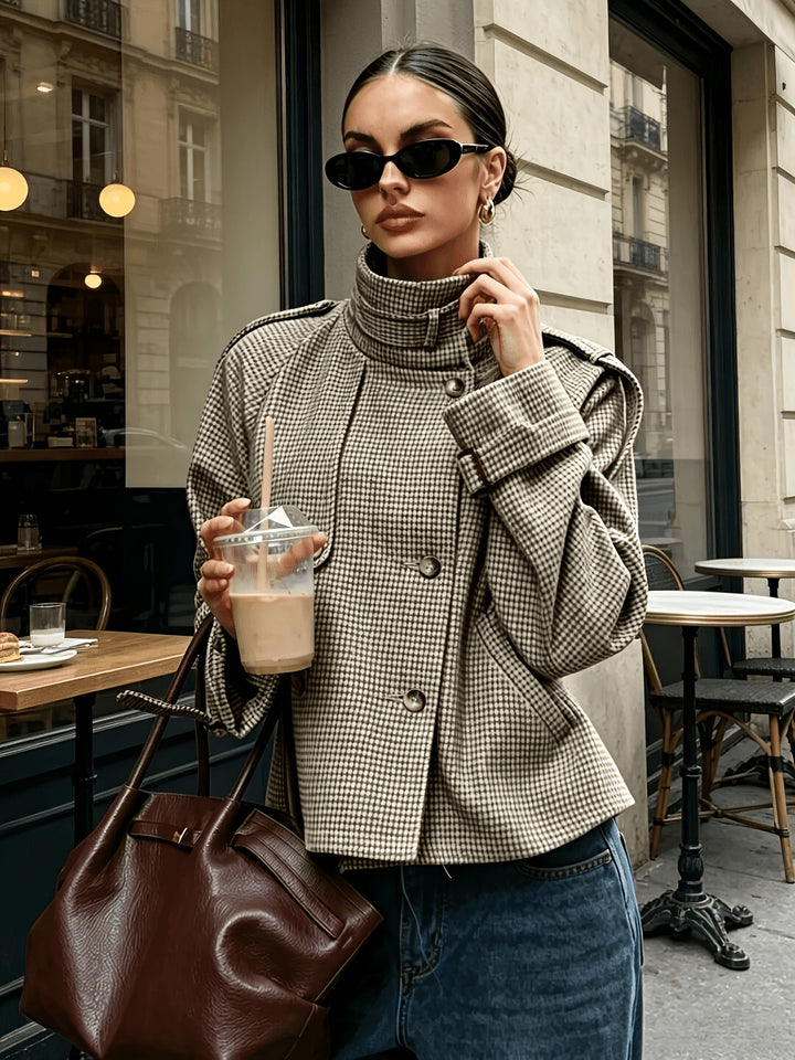 Beatrice - Women’s Cropped Houndstooth Jacket with Stand Collar