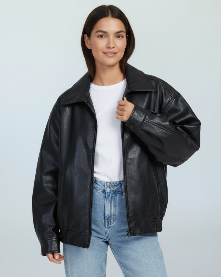 Jada - Women's Oversized Leather Zip Jacket With Collar