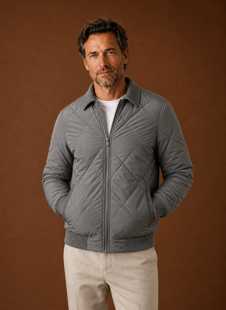 Men's Diamond-Quilted Bomber Jacket with Knit Collar