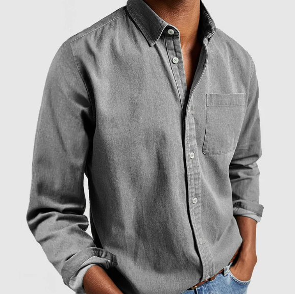 Nate - Classic Long-Sleeve Button-Up Shirt with Chest Pocket