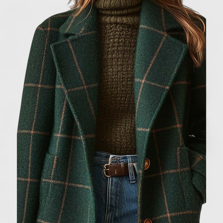 Tess - Women’s Checkered Mid-Length Trench Coat with Side Pockets