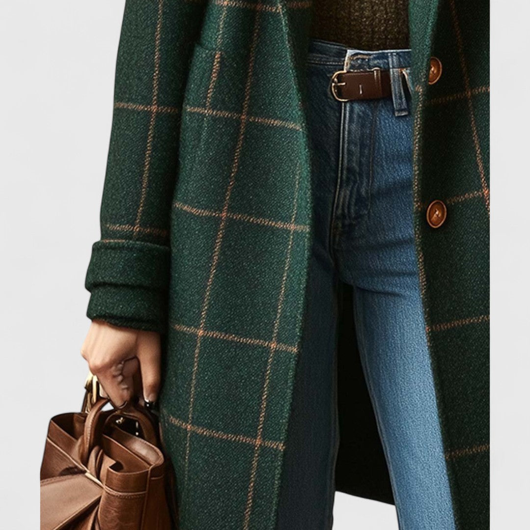 Tess - Women’s Checkered Mid-Length Trench Coat with Side Pockets