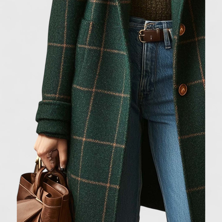 Tess - Women’s Checkered Mid-Length Trench Coat with Side Pockets