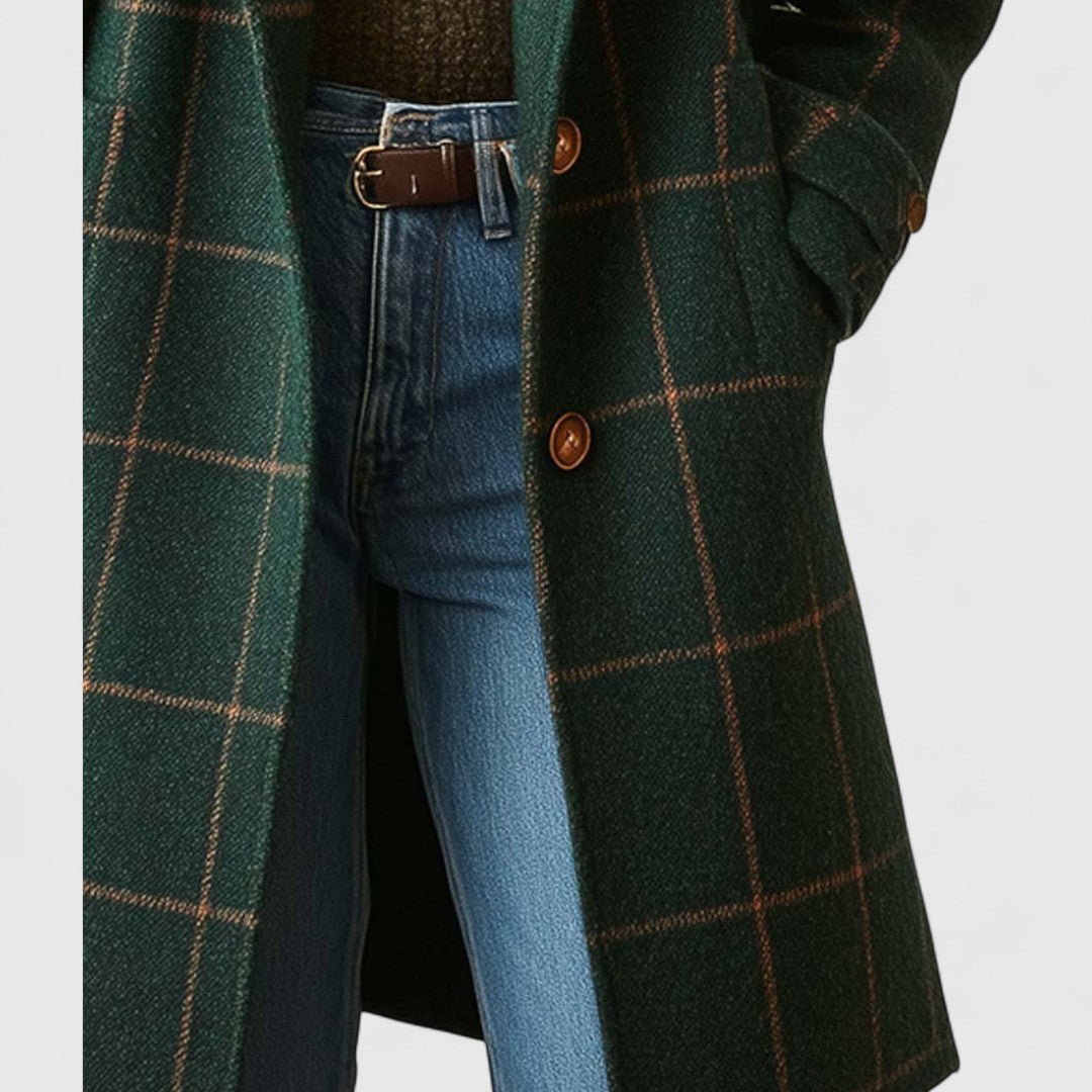 Tess - Women’s Checkered Mid-Length Trench Coat with Side Pockets