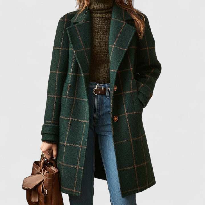 Tess - Women’s Checkered Mid-Length Trench Coat with Side Pockets