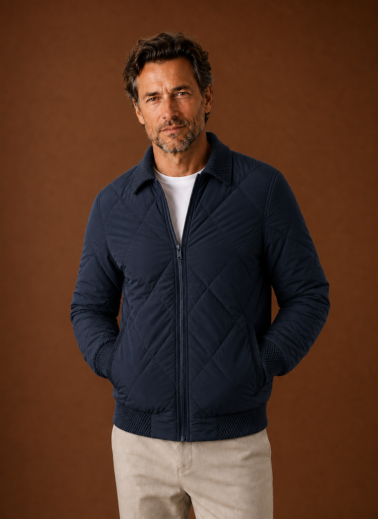 Men's Diamond-Quilted Bomber Jacket with Knit Collar