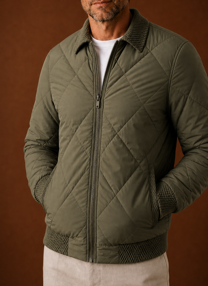 Men's Diamond-Quilted Bomber Jacket with Knit Collar