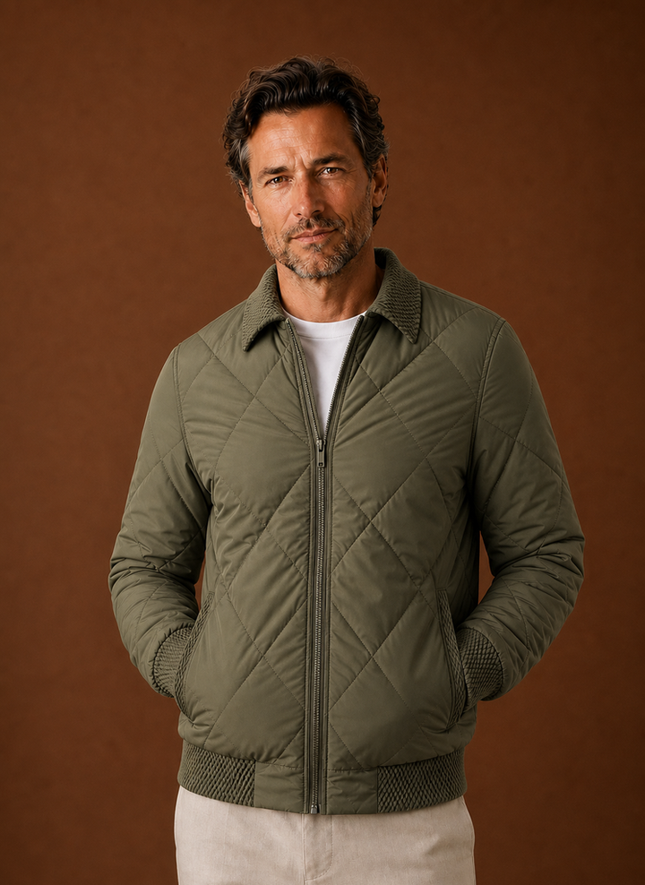 Men's Diamond-Quilted Bomber Jacket with Knit Collar