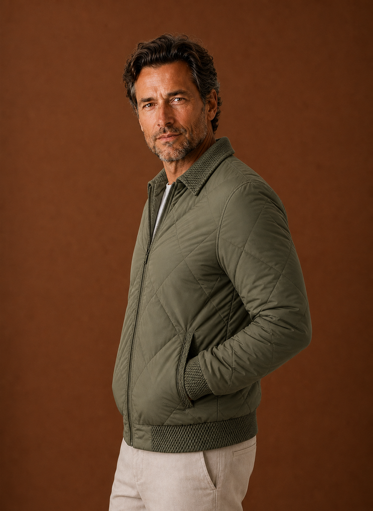 Men's Diamond-Quilted Bomber Jacket with Knit Collar