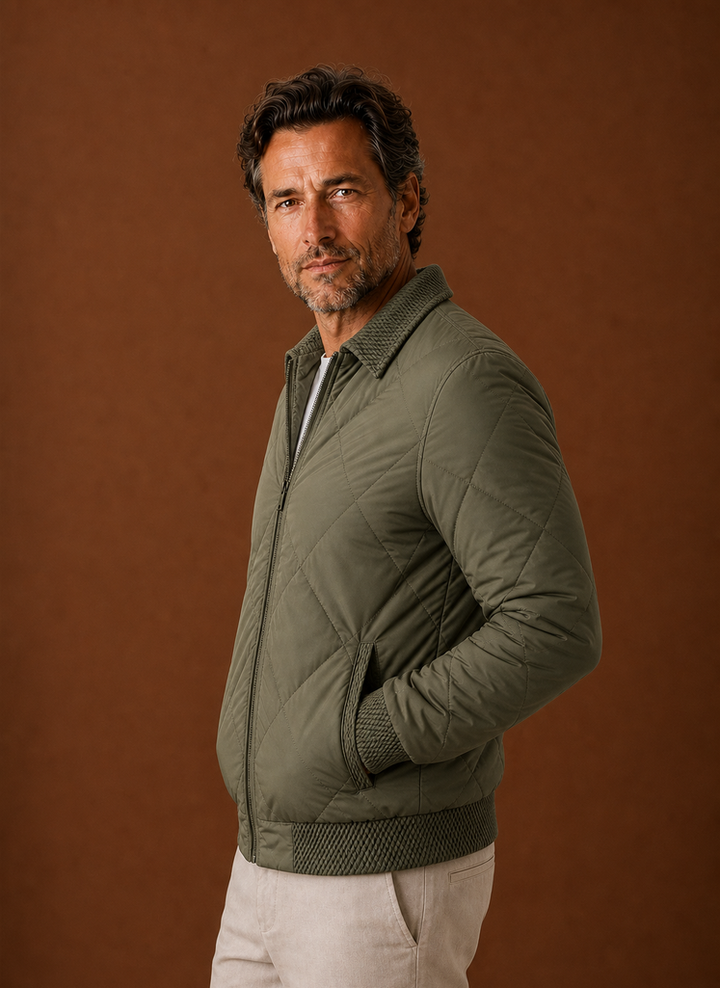 Men's Diamond-Quilted Bomber Jacket with Knit Collar