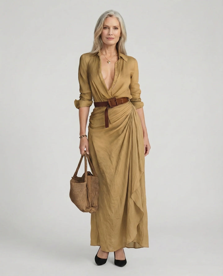 Belle - Women’s Belted Long-Sleeve Maxi Shirt Dress