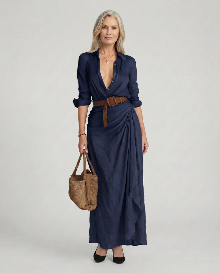 Belle - Women’s Belted Long-Sleeve Maxi Shirt Dress