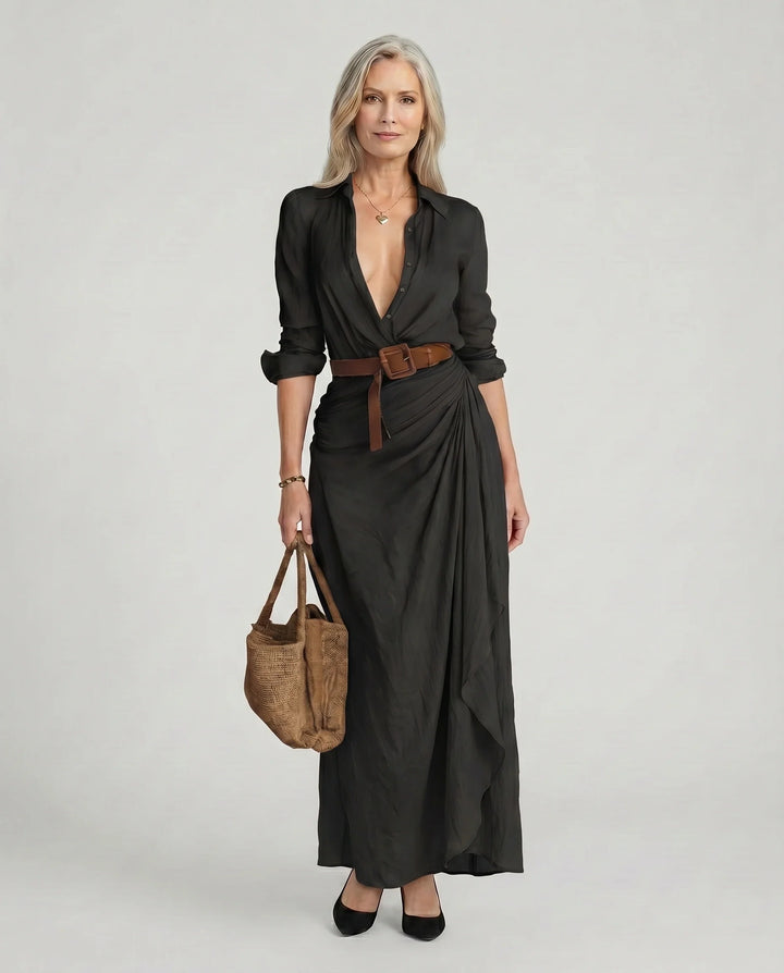 Belle - Women’s Belted Long-Sleeve Maxi Shirt Dress