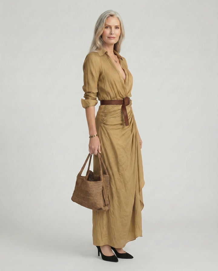 Belle - Women’s Belted Long-Sleeve Maxi Shirt Dress