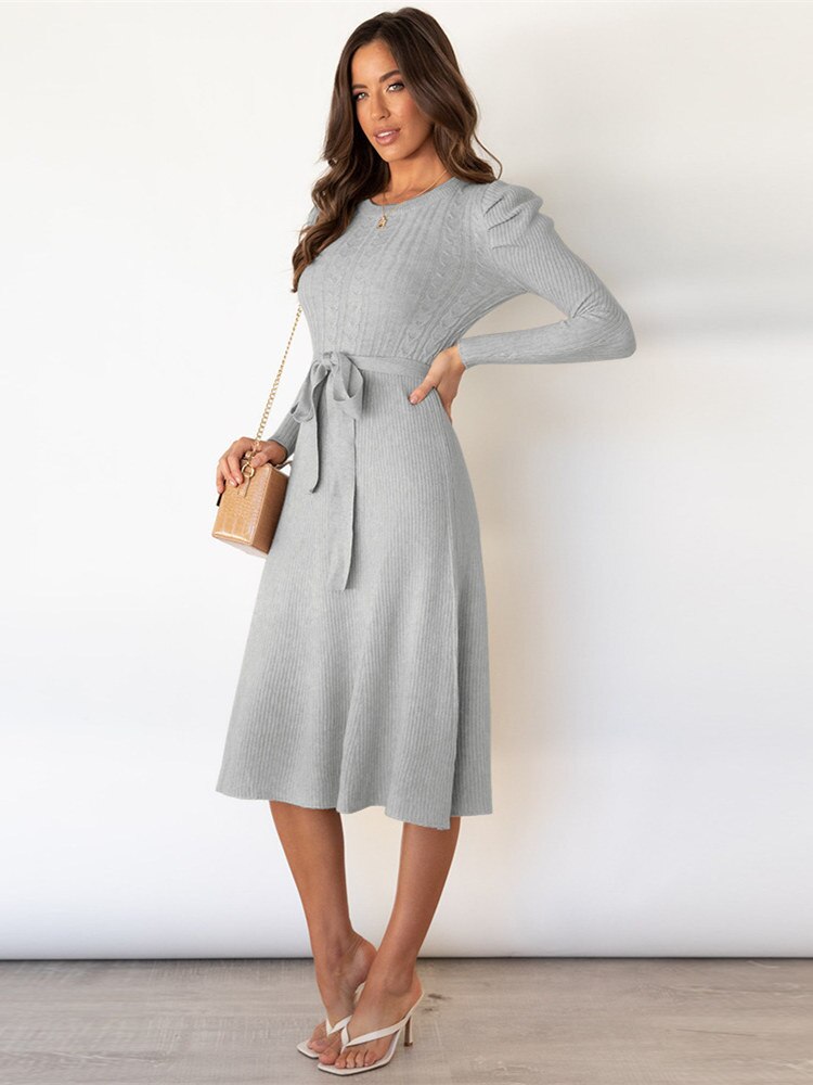 Paula -  Women’s Cable-Knit A-Line Midi Dress with Tie Belt