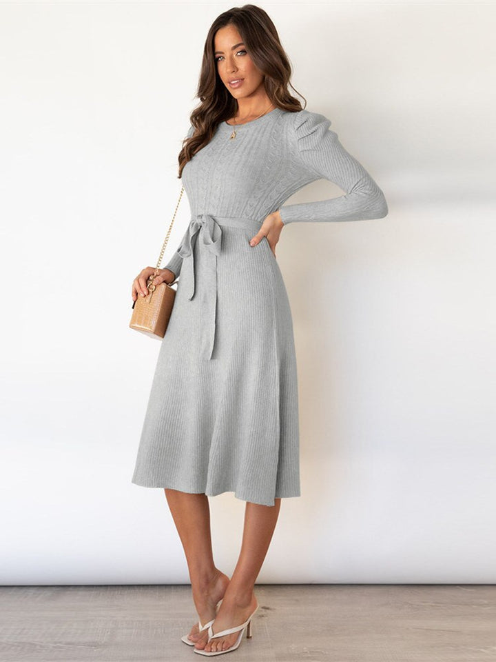Paula -  Women’s Cable-Knit A-Line Midi Dress with Tie Belt