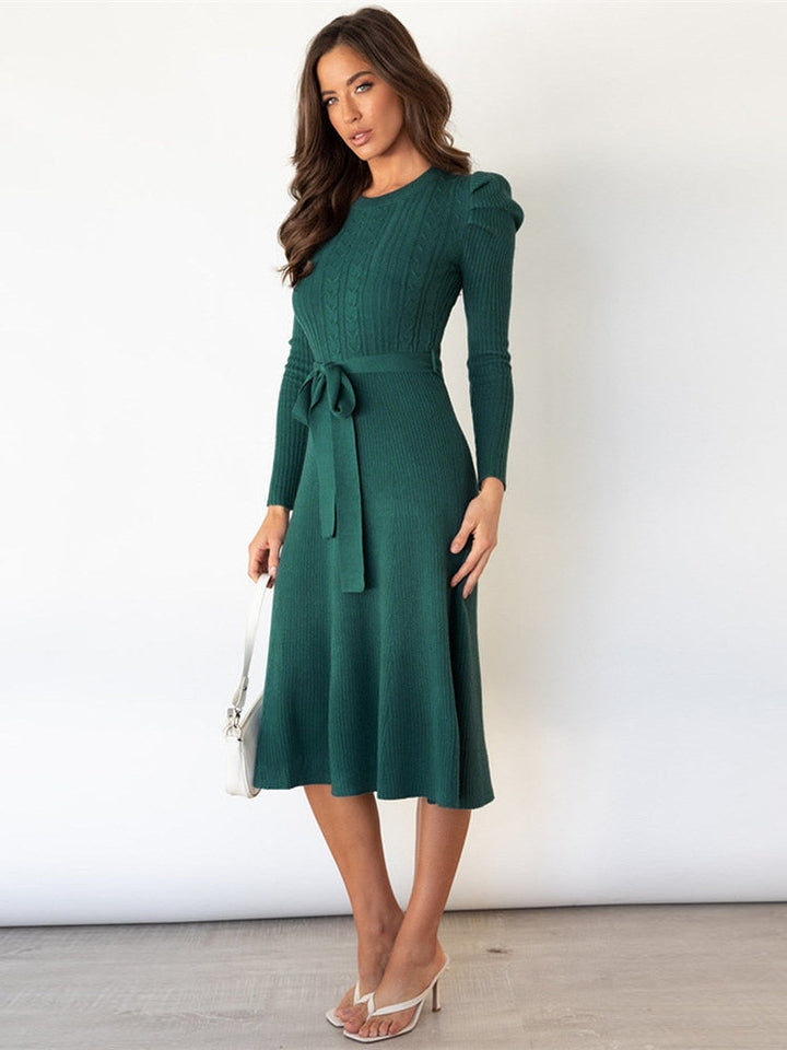 Paula -  Women’s Cable-Knit A-Line Midi Dress with Tie Belt