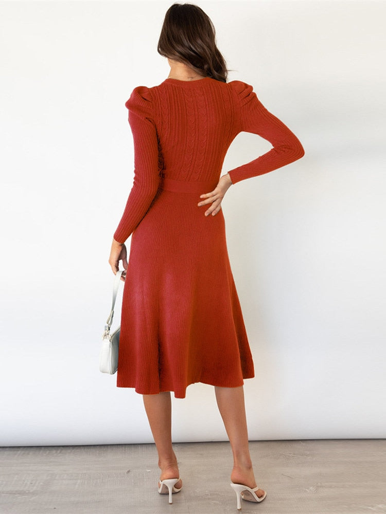Paula -  Women’s Cable-Knit A-Line Midi Dress with Tie Belt