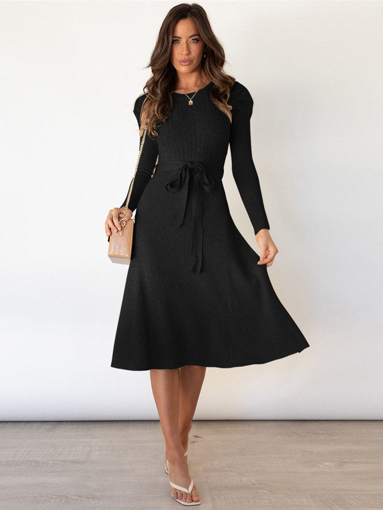 Paula -  Women’s Cable-Knit A-Line Midi Dress with Tie Belt