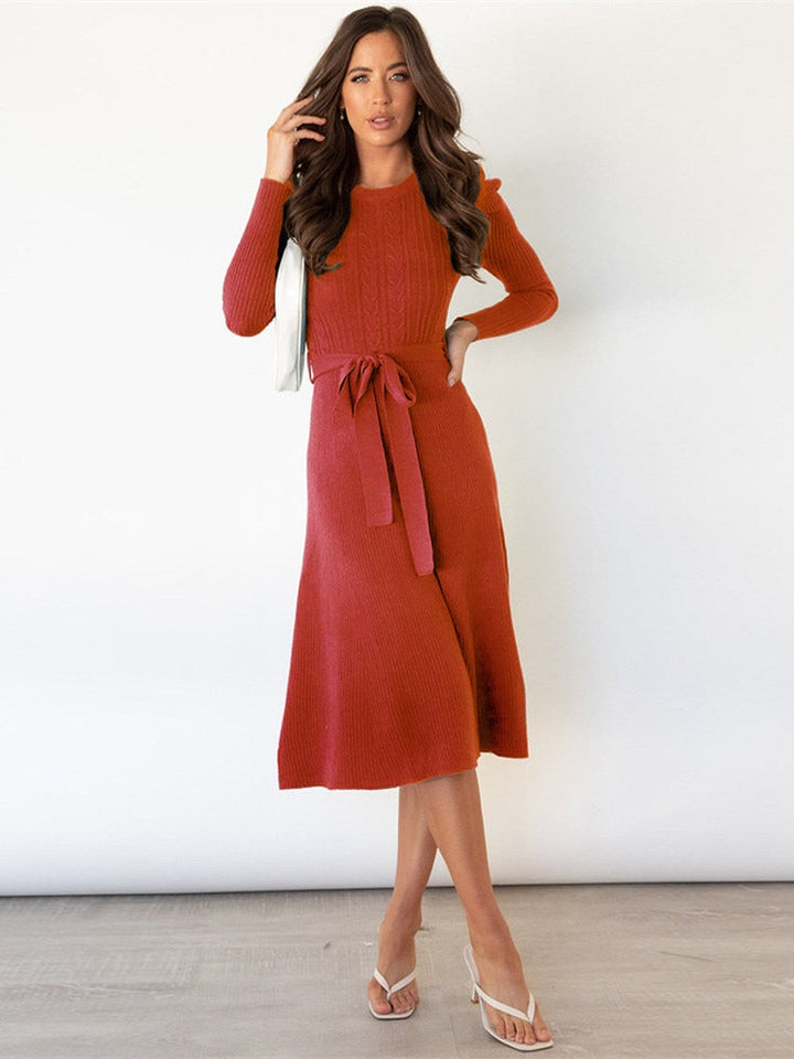 Paula -  Women’s Cable-Knit A-Line Midi Dress with Tie Belt