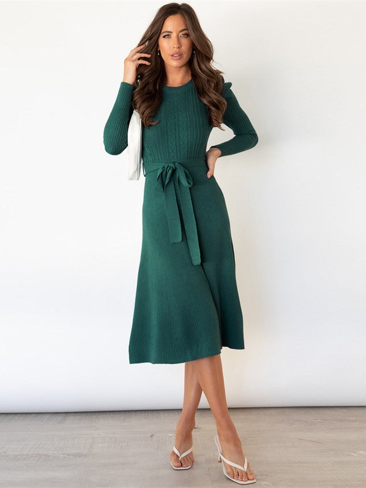 Paula -  Women’s Cable-Knit A-Line Midi Dress with Tie Belt
