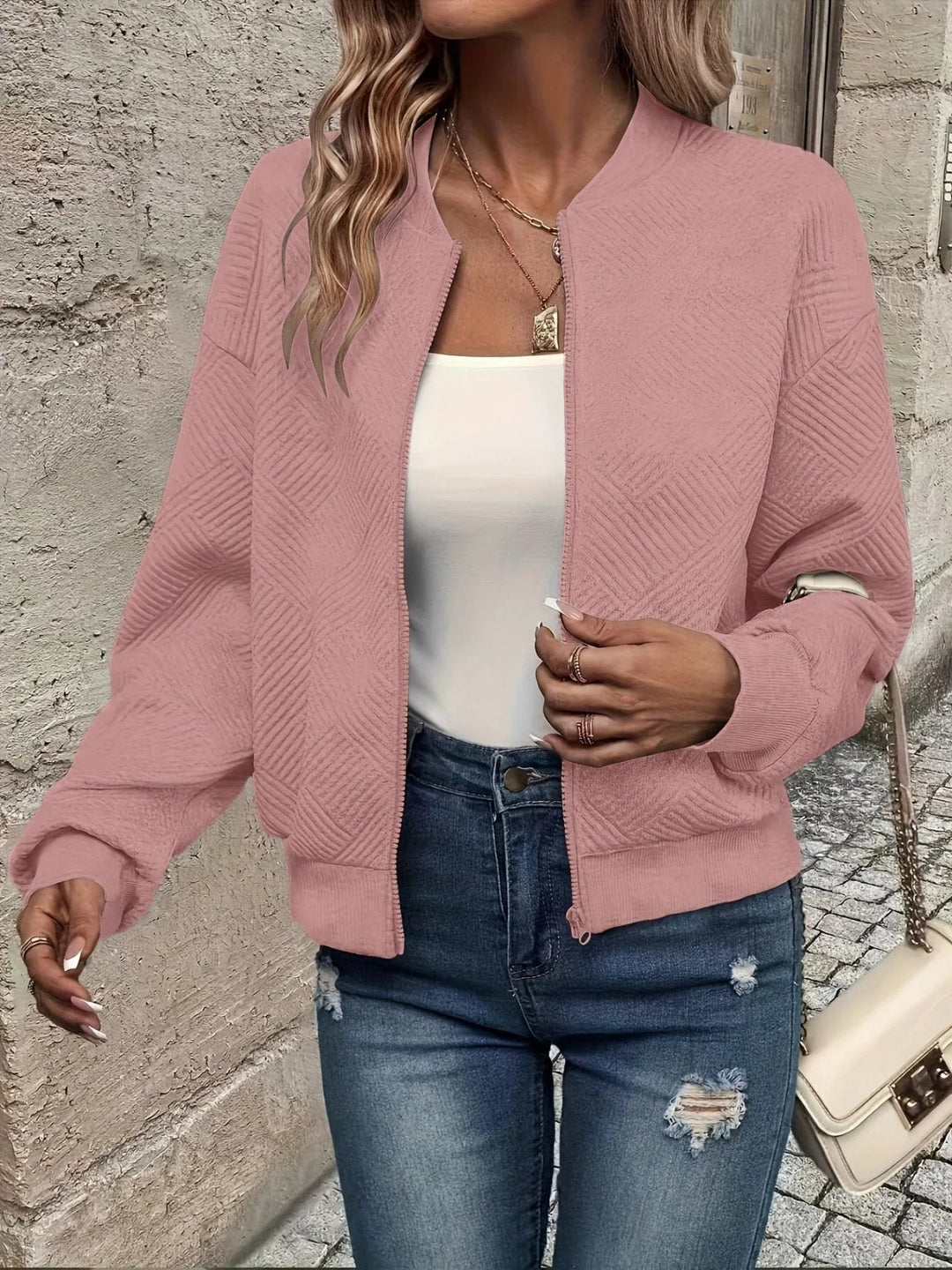 Lena - Women’s Textured Zip-Up Bomber Jacket with Diamond Stitching