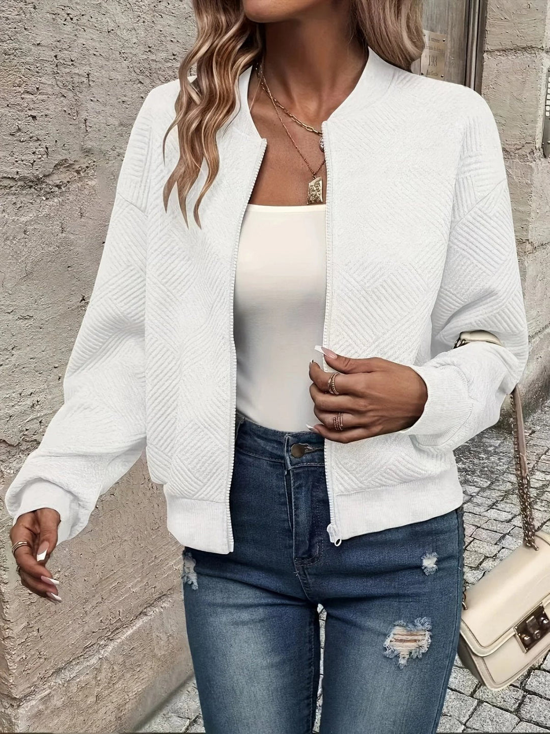 Lena - Women’s Textured Zip-Up Bomber Jacket with Diamond Stitching