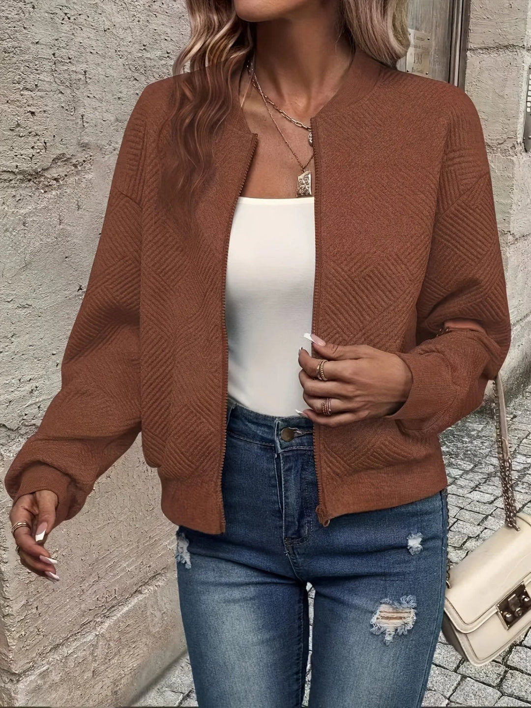 Lena - Women’s Textured Zip-Up Bomber Jacket with Diamond Stitching
