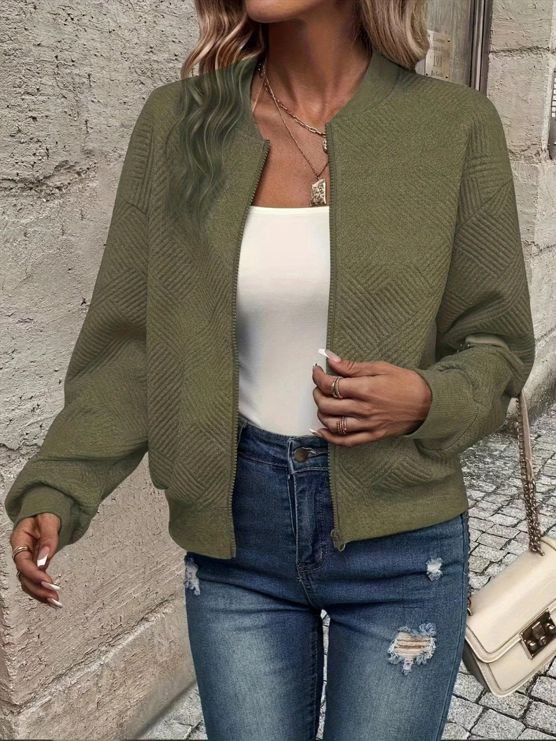Lena - Women’s Textured Zip-Up Bomber Jacket with Diamond Stitching